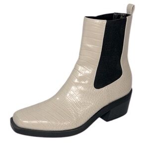 Open Edit Edayla Cream 10M Faux Croc-Embossed Ankle Heeled Chelsea Style Boots